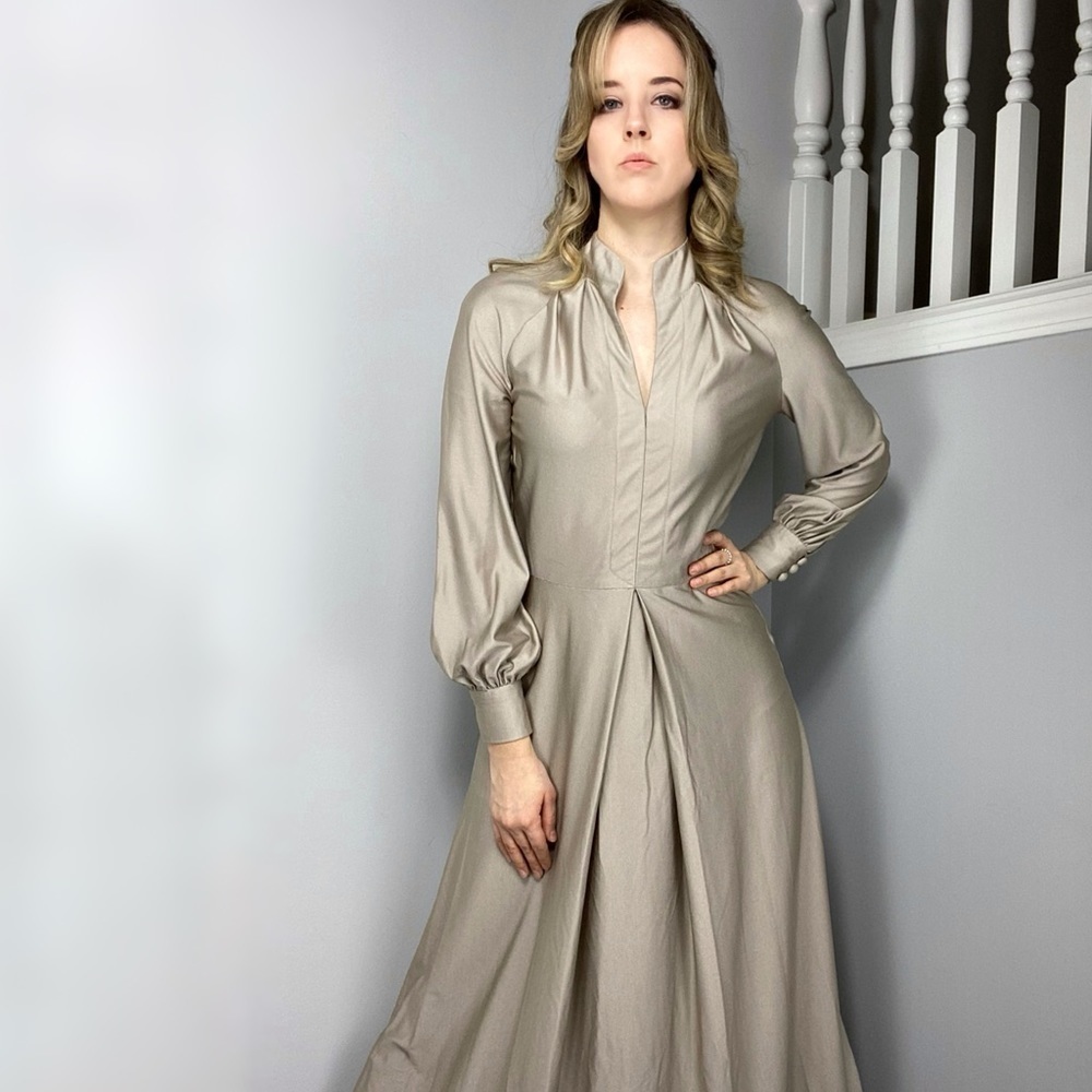 Vintage 70s Maxi Party Dress. Formal Modest Tan Long Puff Sleeve Gown. - Picture 5 of 9
